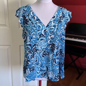 Lilly Pulitzer Joan Top Sz Large, Ruffle Sleeve Resort White Blue Mermazing NEW
